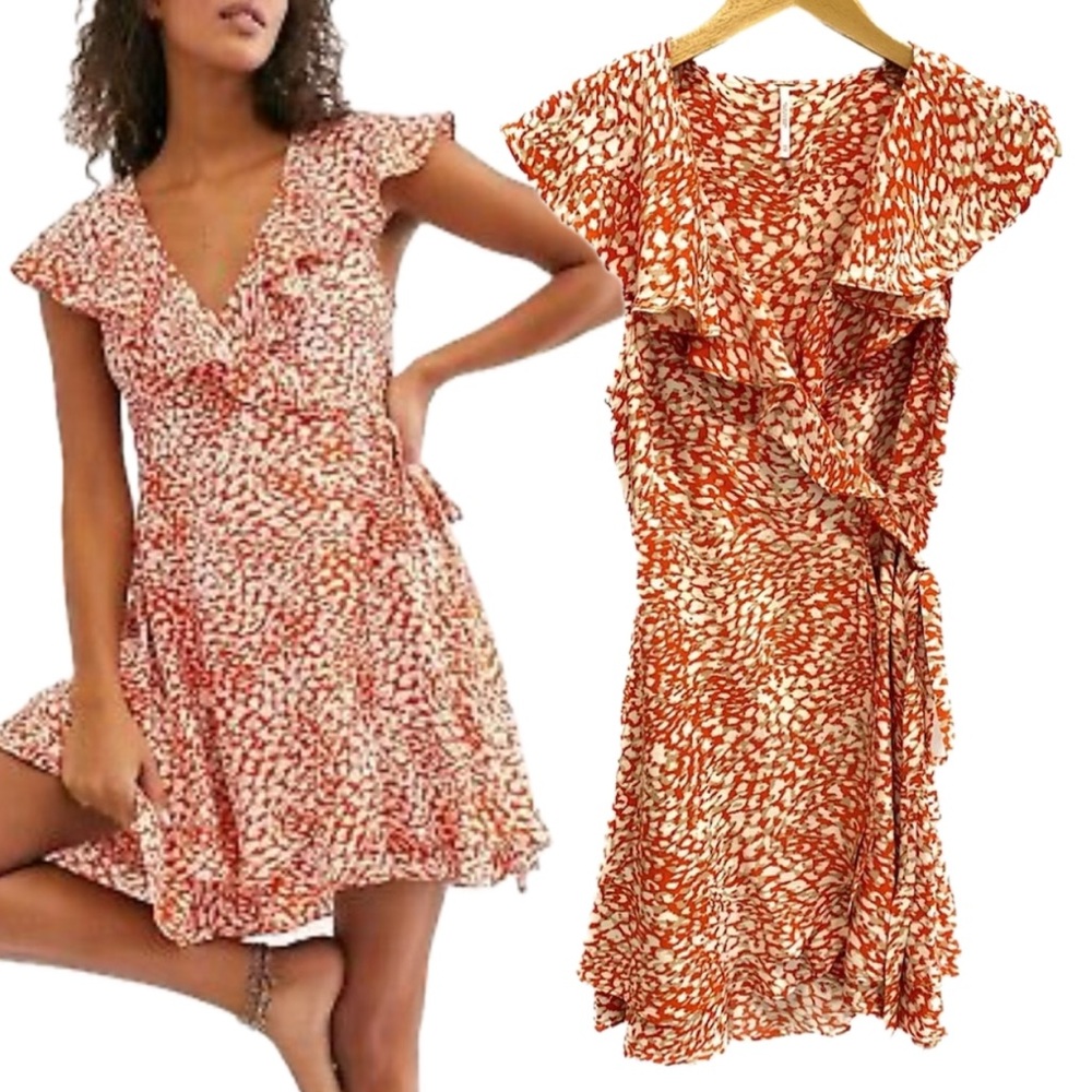 Free People French Quarter Wrap Mini Dress Size XS Sleeveless Ruffle Spot Print